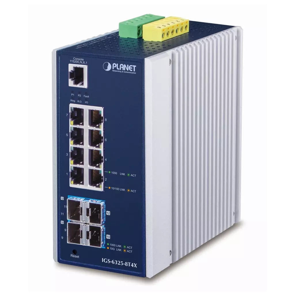 Obrázek produktu Planet IGS-6325-8T4X průmyslový L3 switch, 8x1Gb, 4x10Gb SFP+, 12-48VDC, -40~75°C, IP30, fanless