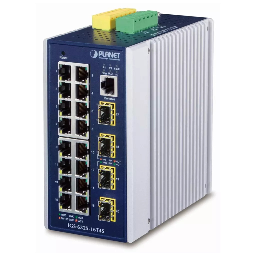 Obrázek produktu Planet IGS-6325-16T4S průmyslový L3 switch, 16x1Gb, 4x2.5Gb SFP, 9-48VDC, -40~75°C, IP30, fanless