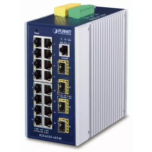 obrázek produktu Planet IGS-6325-16T4S průmyslový L3 switch, 16x1Gb, 4x2.5Gb SFP, 9-48VDC, -40~75°C, IP30, fanless