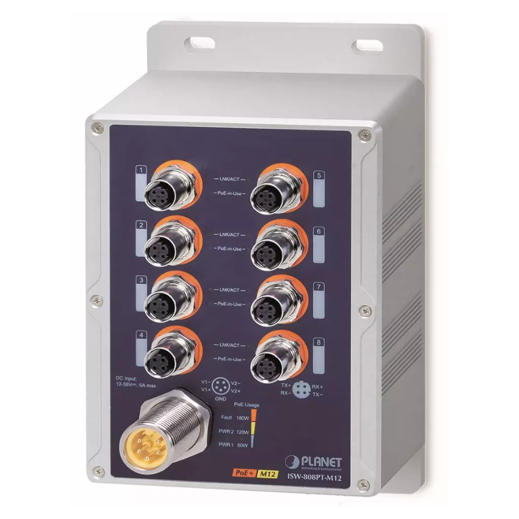 Obrázek produktu Planet vodotěsný průmyslový PoE switch, 8xFE M12, 8x PoE 802.3at 30W/180W, -40~+75°C, 12-56VDC, IP67