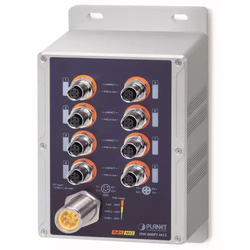 obrázek produktu Planet vodotěsný průmyslový PoE switch, 8xFE M12, 8x PoE 802.3at 30W/180W, -40~+75°C, 12-56VDC, IP67