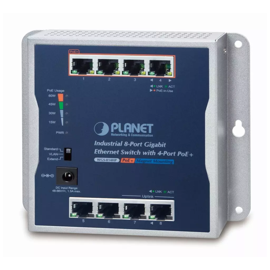 Obrázek produktu Planet průmyslový plochý switch 8x 1Gb, 4x PoE 30/60W, 48-56V, IP30, -20/60st, fanless
