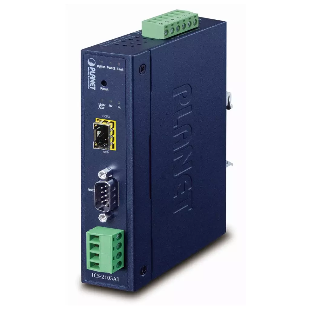 Obrázek produktu Planet průmyslový konvertor RS-232/422/485 na IP, 1x COM, 1x 100Base-FX/SFP, 9-48VDC, -40~+75°C, IP30, SNMP+Telnet
