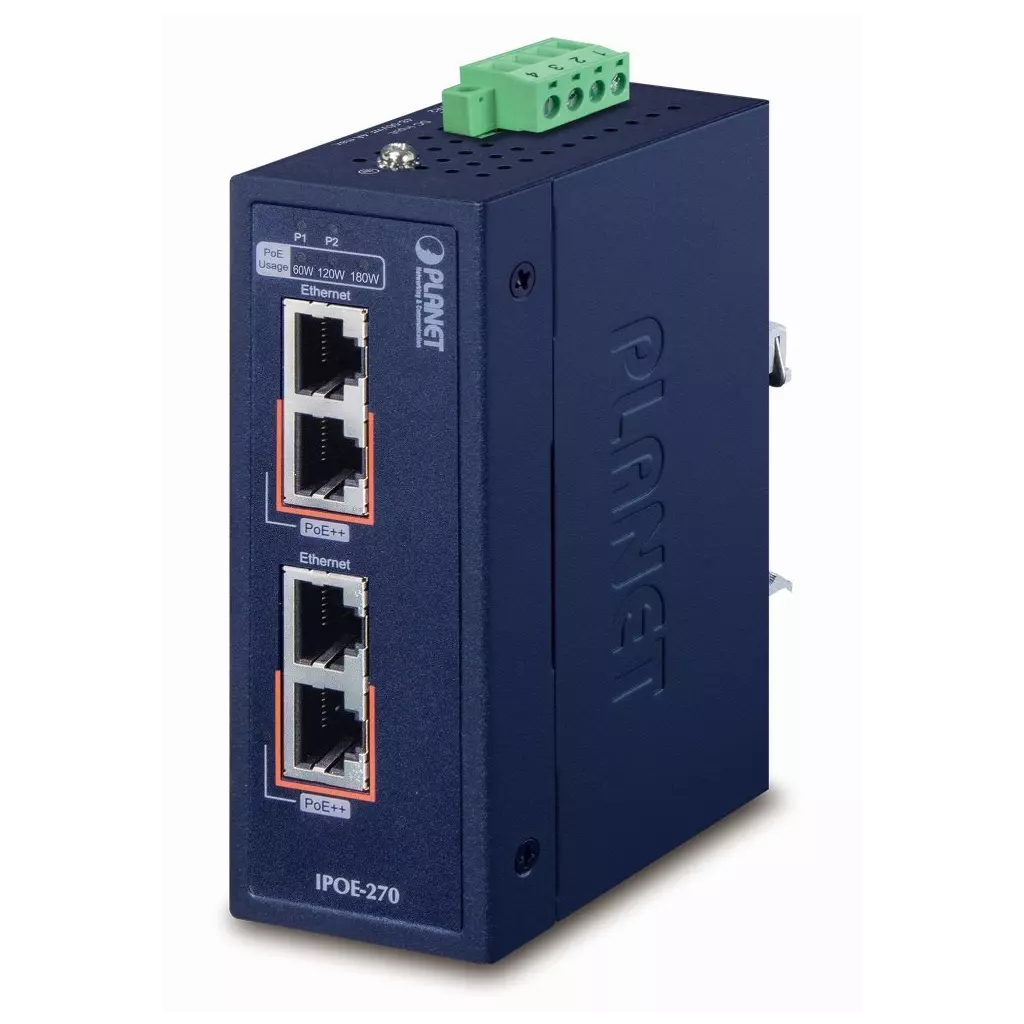 Obrázek produktu Planet IPOE-270 PoE průmyslový injektor, 2x port, 4x 1/2.5/5Gb, 2x 802.3bt 95/180W, DIN, IP30, -40~75°C, 48-56VDC