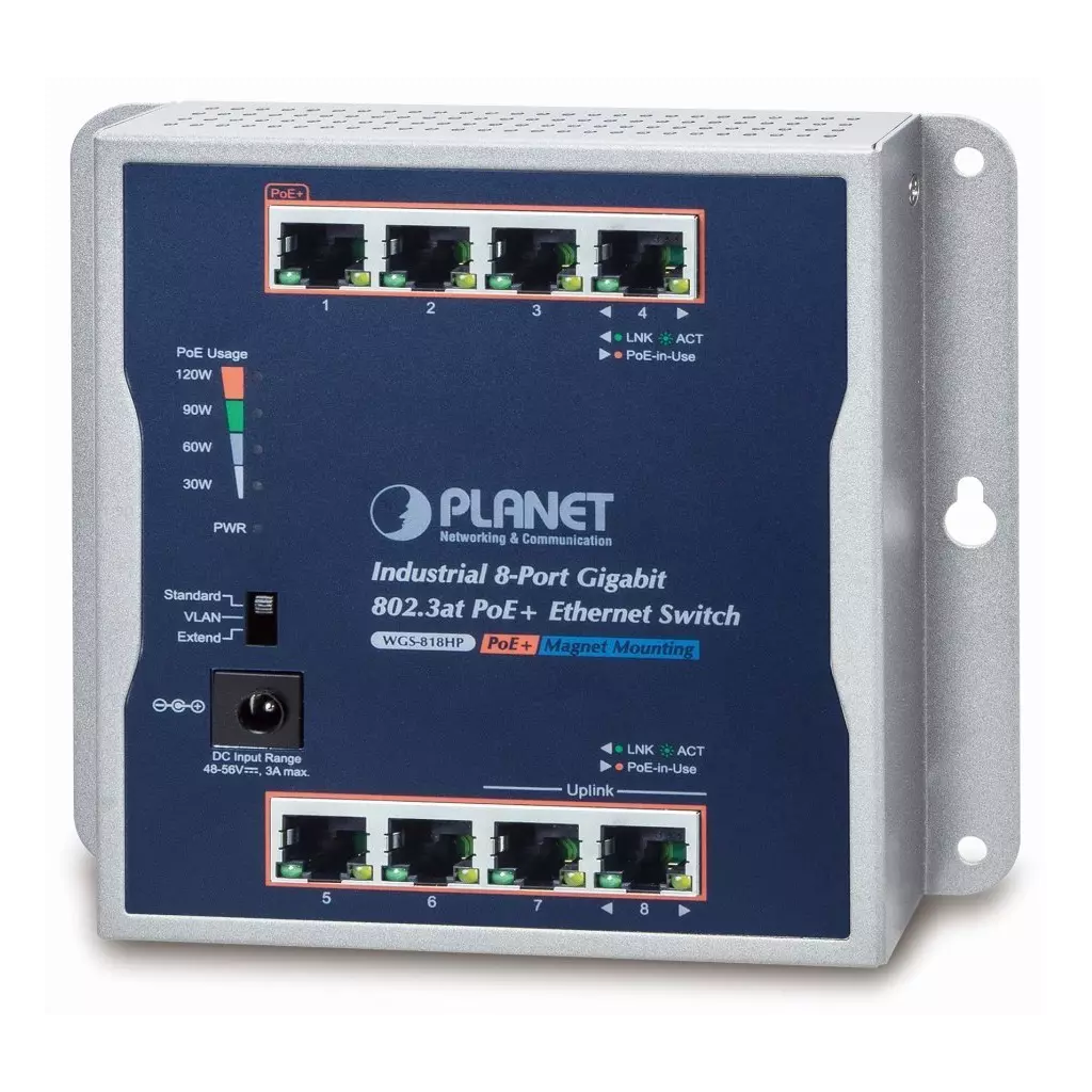 Obrázek produktu Planet průmyslový plochý switch 8x 1Gb, 8x PoE 30/120W, 48-56V, IP30, -20/60st, fanless