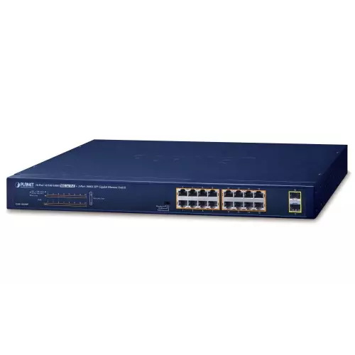obrázek produktu Planet GSW-1820HP PoE switch, 16x1Gb + 2x SFP 1Gb, PoE 802.3at 30/240W, VLAN, extend mód 10Mb-250m, 802.3az