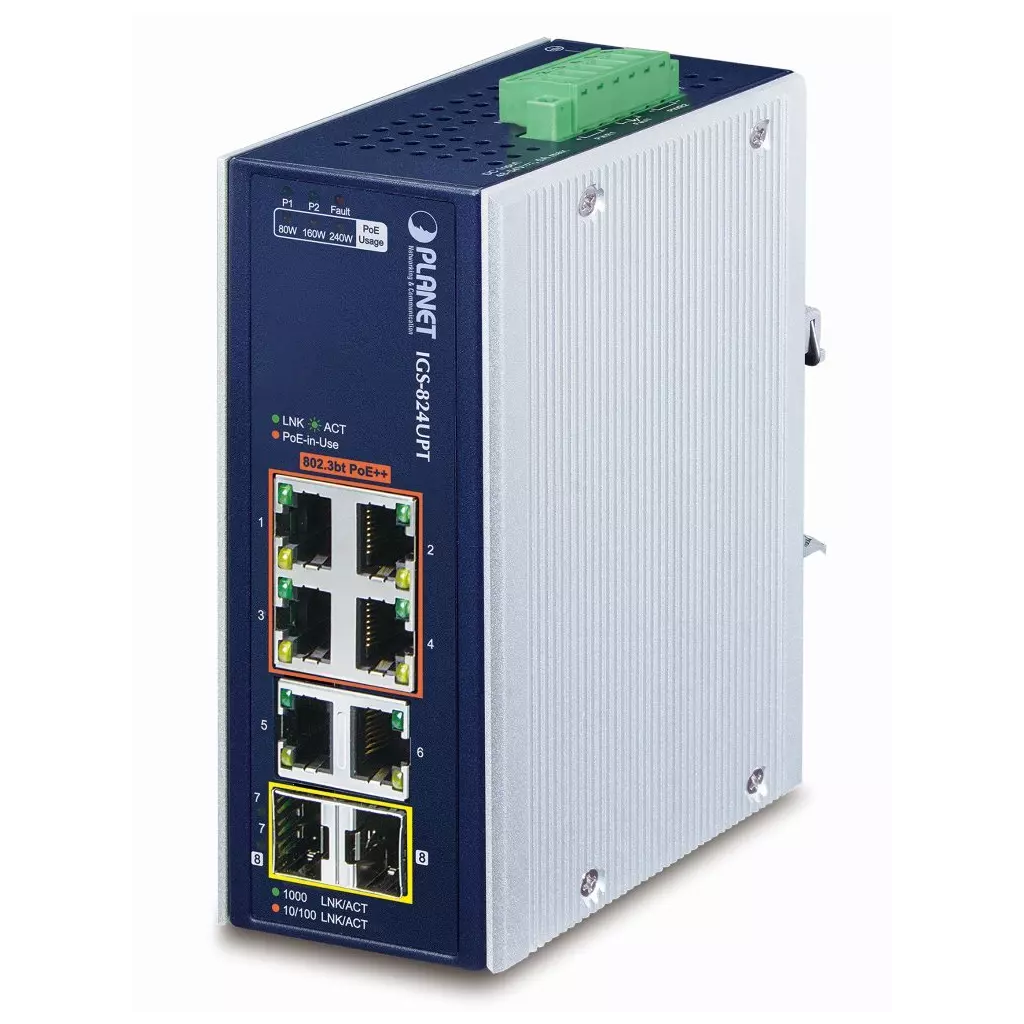 Obrázek produktu Planet Průmyslový PoE switch, 6x1Gb + 2x1Gb SFP, 4x PoE 802.3bt 90/240W, -40až75°C, dual 48-54VDC, IP30, fanless