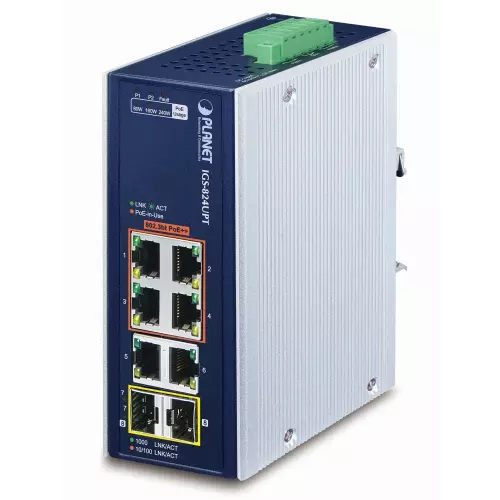 obrázek produktu Planet Průmyslový PoE switch, 6x1Gb + 2x1Gb SFP, 4x PoE 802.3bt 90/240W, -40až75°C, dual 48-54VDC, IP30, fanless
