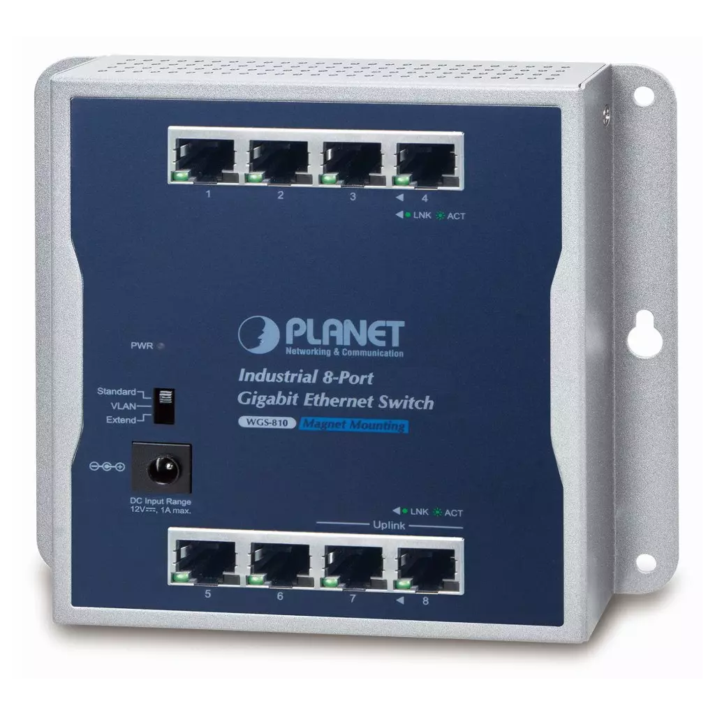 Obrázek produktu Planet průmyslový plochý switch 8x 1Gb, 12VDC, IP30, -20/60st, fanless
