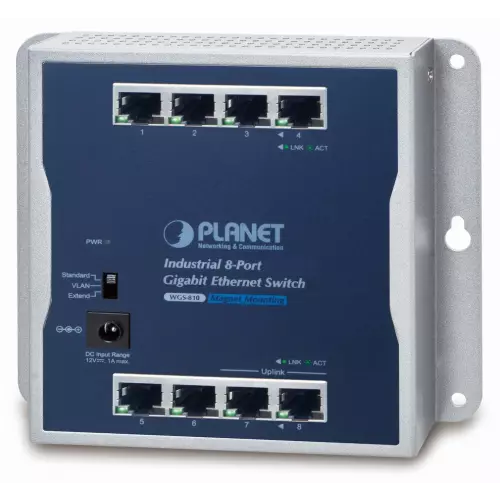 obrázek produktu Planet průmyslový plochý switch 8x 1Gb, 12VDC, IP30, -20/60st, fanless