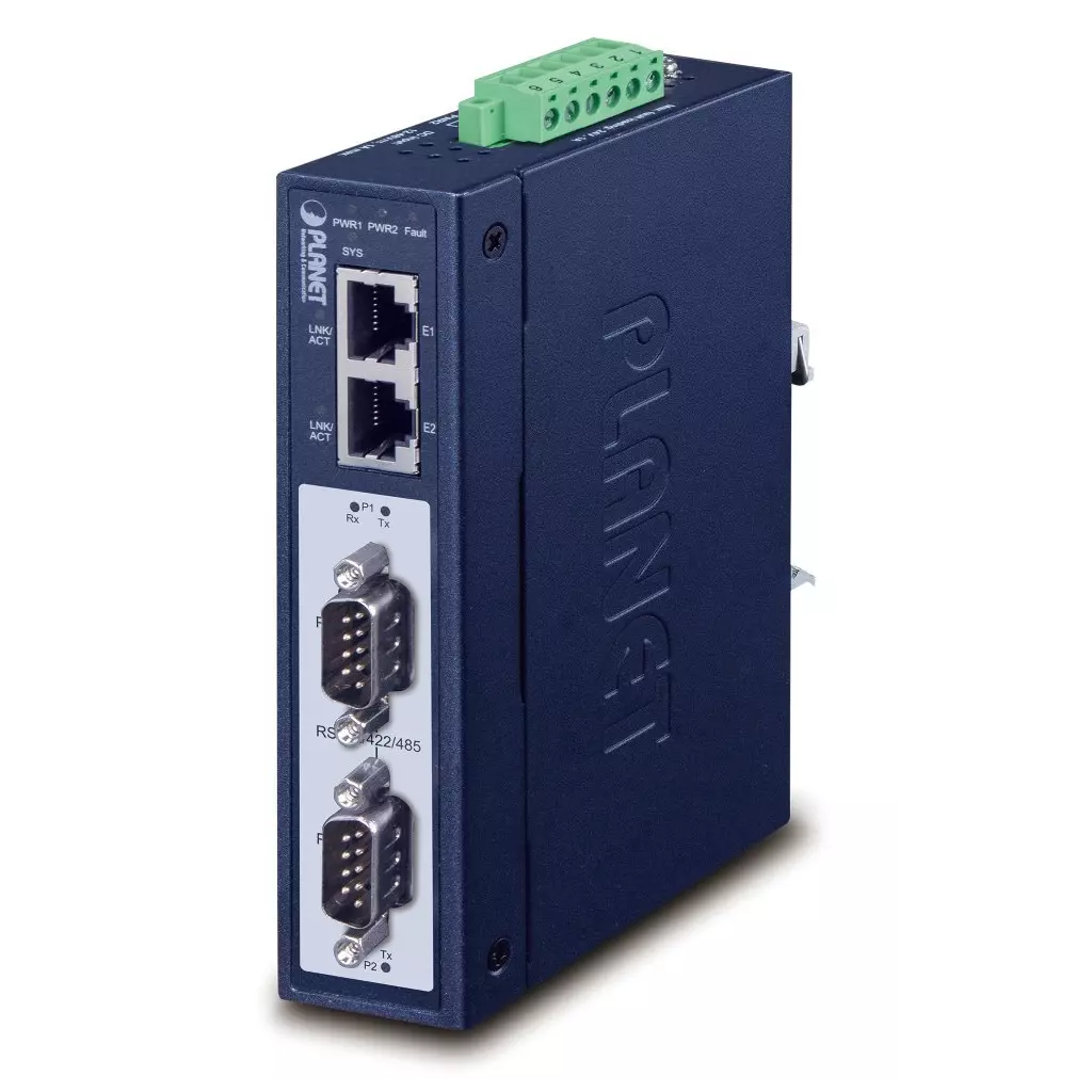 Obrázek produktu Planet MODBUS průmyslová brána RS-232/422/485 na IP, 2x COM, 100Base-TX, RTU/ACSII, -40až+75°C, 12-48VDC, IP30