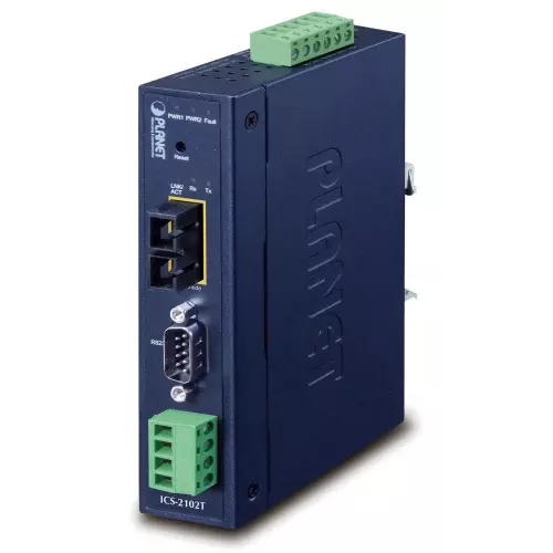 obrázek produktu Planet průmyslový konvertor RS-232/422/485 na IP, 1x COM, 1x 100Base-FX SC MM 2km, 9-48VDC, 24VAC, -40~+75°C, IP30