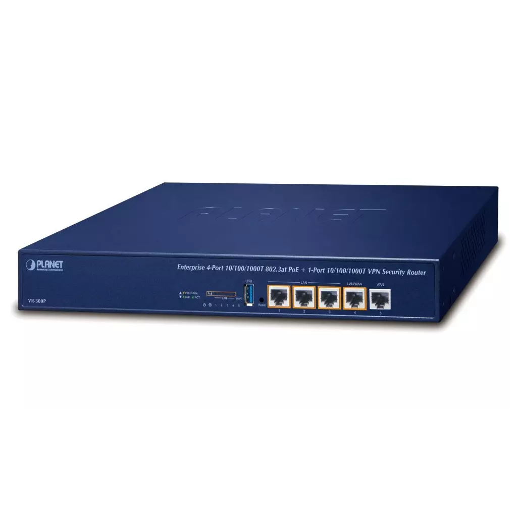Obrázek produktu Planet VR-300P Enterprise router/firewall VPN/VLAN/QoS/HA/AP kontroler, 2xWAN(SD-WAN), 3xLAN, 4xPOE 120W
