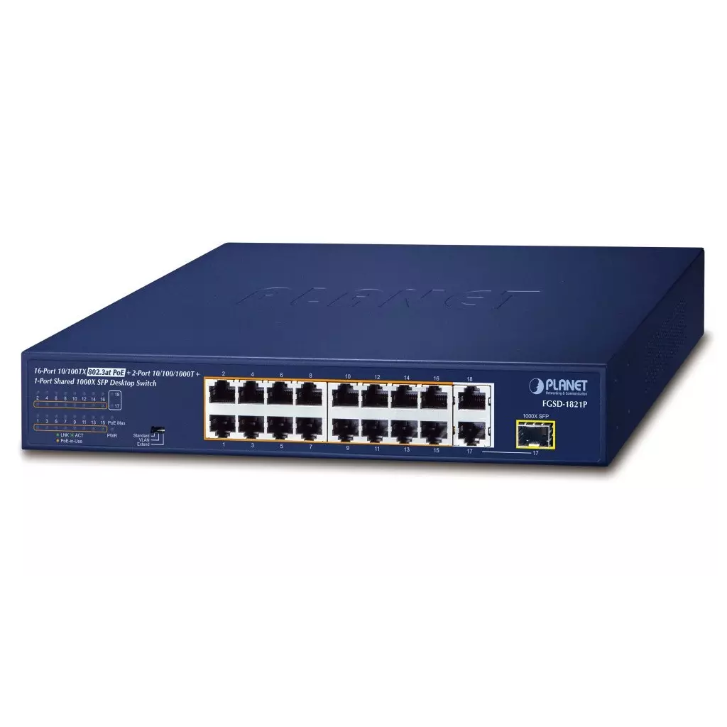 Obrázek produktu Planet FGSD-1821P PoE switch, 16x100M + 1xGb/SFP, extend mód 10Mb-250m, PoE 802.3at 185W