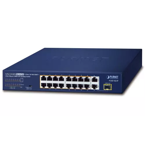 obrázek produktu Planet FGSD-1821P PoE switch, 16x100M + 1xGb/SFP, extend mód 10Mb-250m, PoE 802.3at 185W
