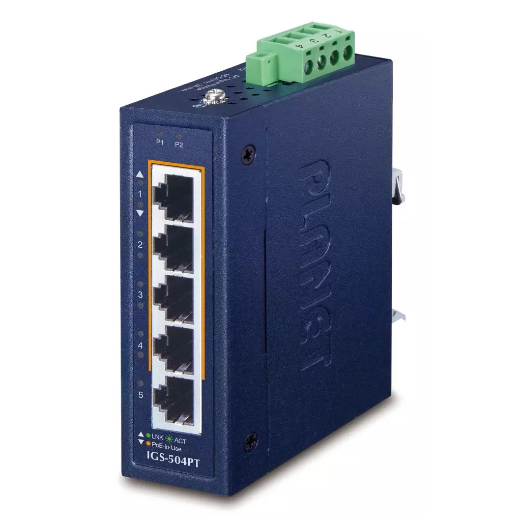 Obrázek produktu Planet IGS-504PT v3 Průmyslový PoE switch, 5x 1Gb, 4x PoE 802.3at 120W, -40 až +75°C, dual 48-54VDC, IP30, fanless