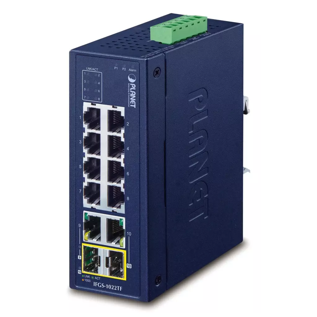 Obrázek produktu Planet IFGS-1022TF průmyslový switch, 8x100M + 2x1Gb/SFP, -40 až 75st.C, dual 9-48VDC, IP30, fanless