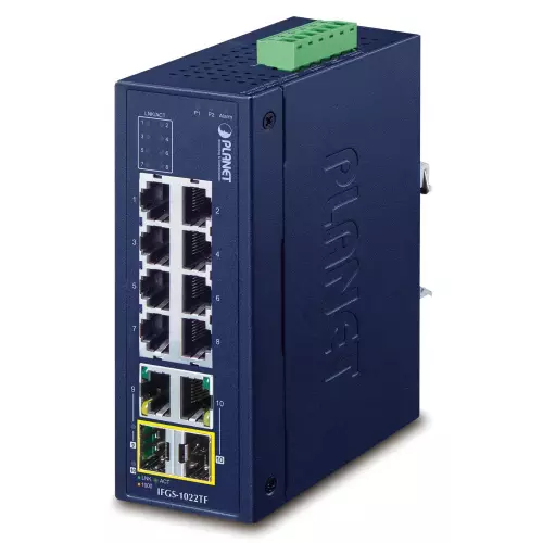 obrázek produktu Planet IFGS-1022TF průmyslový switch, 8x100M + 2x1Gb/SFP, -40 až 75st.C, dual 9-48VDC, IP30, fanless