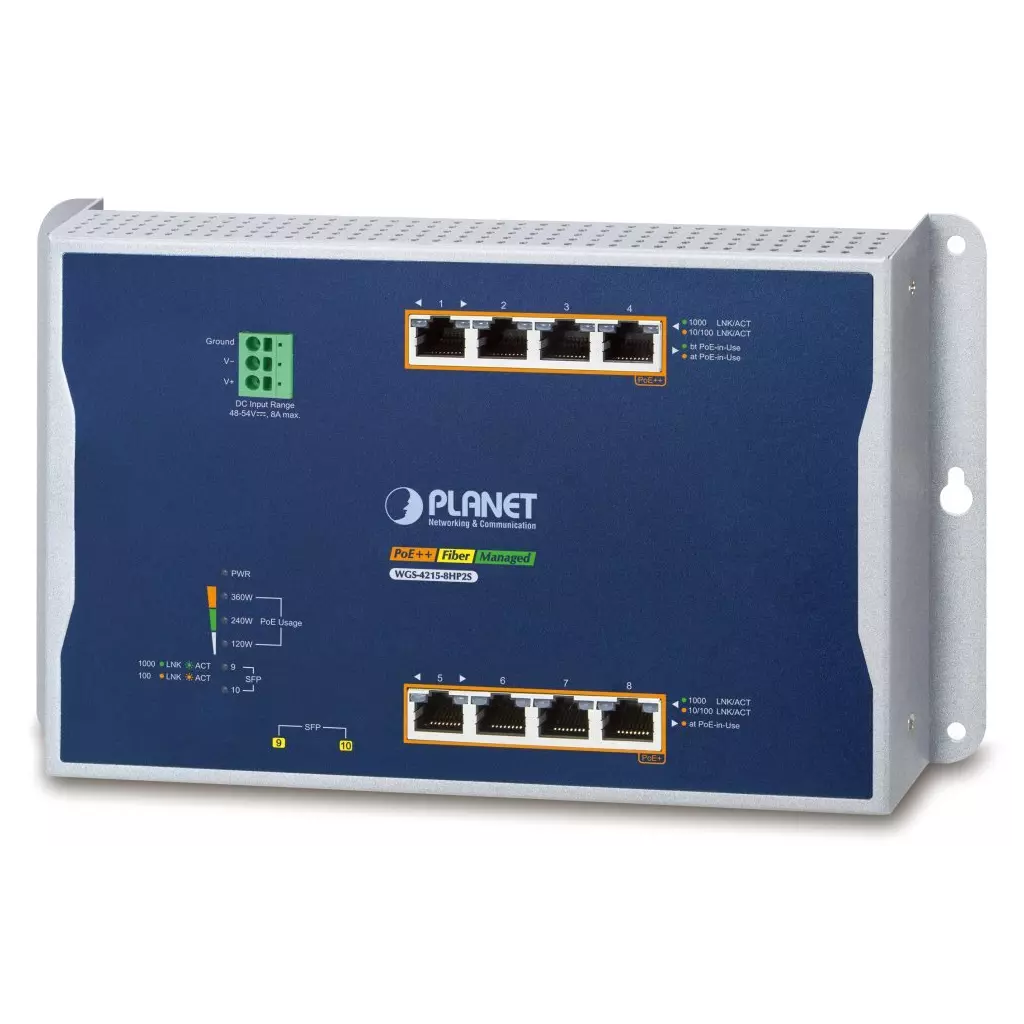 Obrázek produktu Planet WGS-4215-8HP2S plochý L4 switch, 8x1Gb, 2x1Gb SFP, 4+4 PoE 802.3at/bt 360W, 48-56VDC, -40~75°C, IP30, fanless