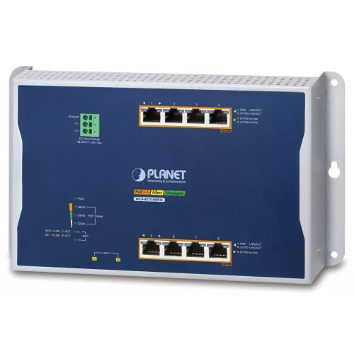 obrázek produktu Planet WGS-4215-8HP2S plochý L4 switch, 8x1Gb, 2x1Gb SFP, 4+4 PoE 802.3at/bt 360W, 48-56VDC, -40~75°C, IP30, fanless