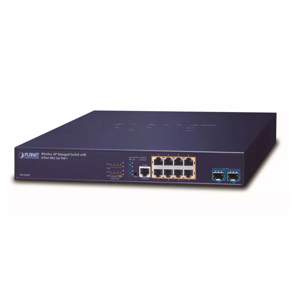 Obrázek produktu Planet WS-1032P, WLAN kontrolér pro 32x AP, 8xGE, 2x 10G SFP+, PoE 802.3at 30/120W, VLAN, ACL, IGMP, MLD