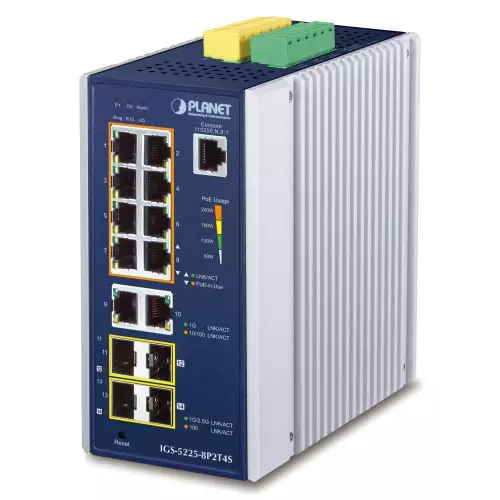 obrázek produktu Planet IGS-5225-8P2T4S průmyslový L3 switch, 8x1Gb, 2x1Gb SFP, 2x2.5Gb SFP, 8x PoE 802.3at 240W, dual 48-54VDC, -40~75°C