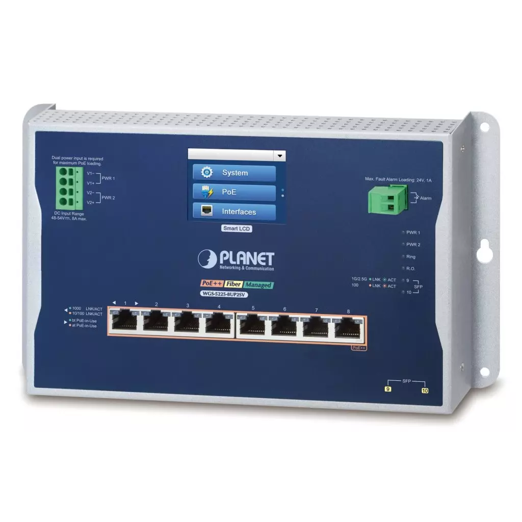 Obrázek produktu Planet WGS-5225-8UP2SV plochý L3 switch, 8x1Gb, 2x2.5Gb SFP, PoE 95/720W, 48-54VDC, -20~70°C, IP30, fanless, touch LCD