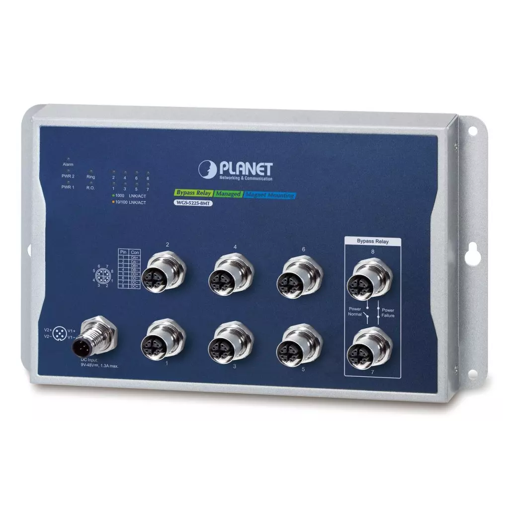 Obrázek produktu Planet WGS-5225-8MT plochý L3 switch, 8x1Gb M12, 9-48VDC, -40~75°C, IP40, fanless