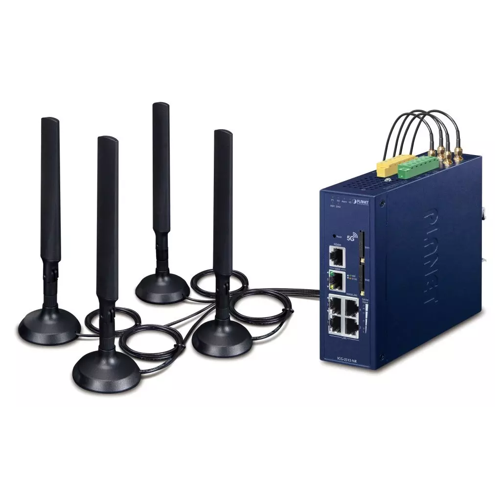 Obrázek produktu Planet dual 5G/LTE bezpečnostní brána, 2x WAN + 3x LAN, DI/DO, GPS, DIN, IP30, -40/+75°C, dual 9-54VDC