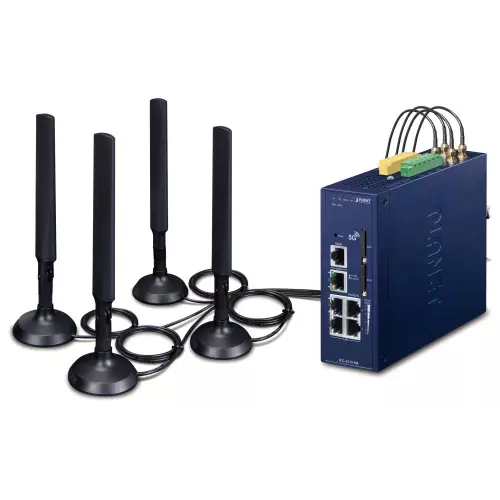 obrázek produktu Planet dual 5G/LTE bezpečnostní brána, 2x WAN + 3x LAN, DI/DO, GPS, DIN, IP30, -40/+75°C, dual 9-54VDC