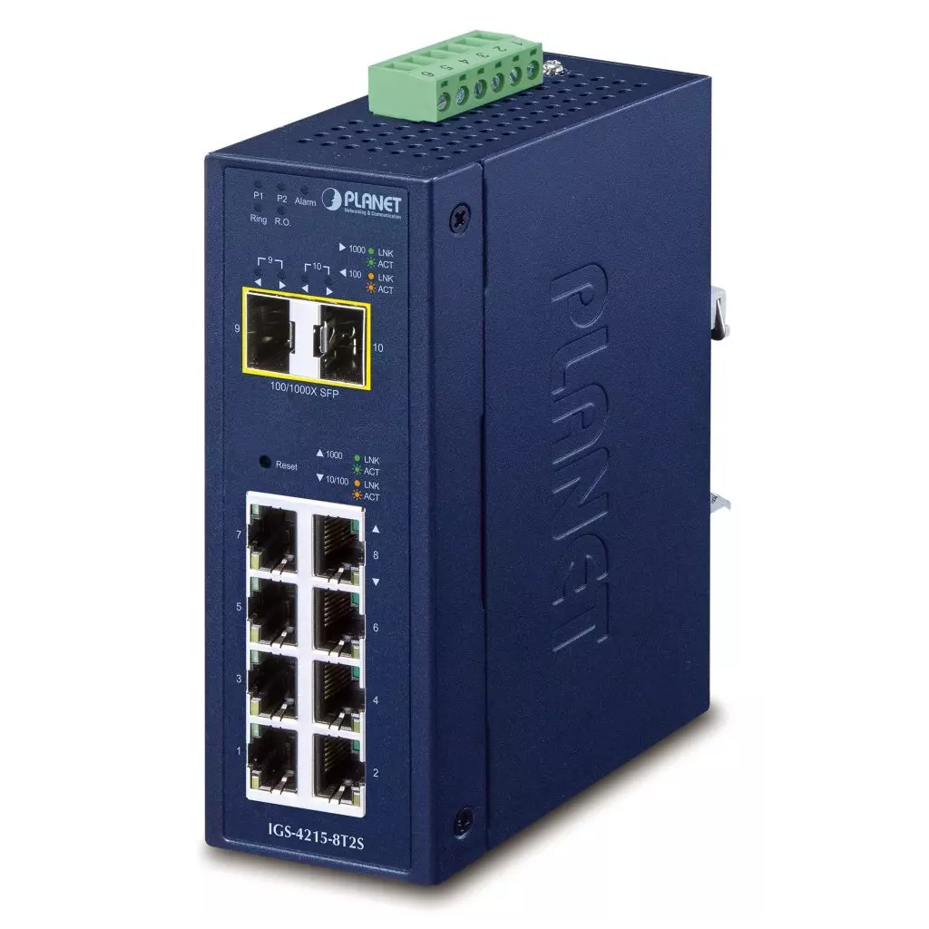 Obrázek produktu Planet IGS-4215-8T2S průmyslový L2 switch, 8x1Gb, 2x1Gb SFP, dual 9-48VDC, -40~75°C, IP30