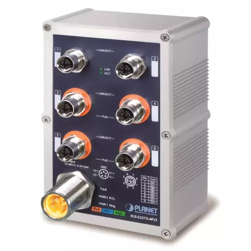 obrázek produktu Planet IGS-5227X-4P2T vodotěsný průmyslový L3 switch, 6x1Gb M12, 4x PoE 802.3at 144W, 12-56VDC, -40~75°C, IP67, EN50155