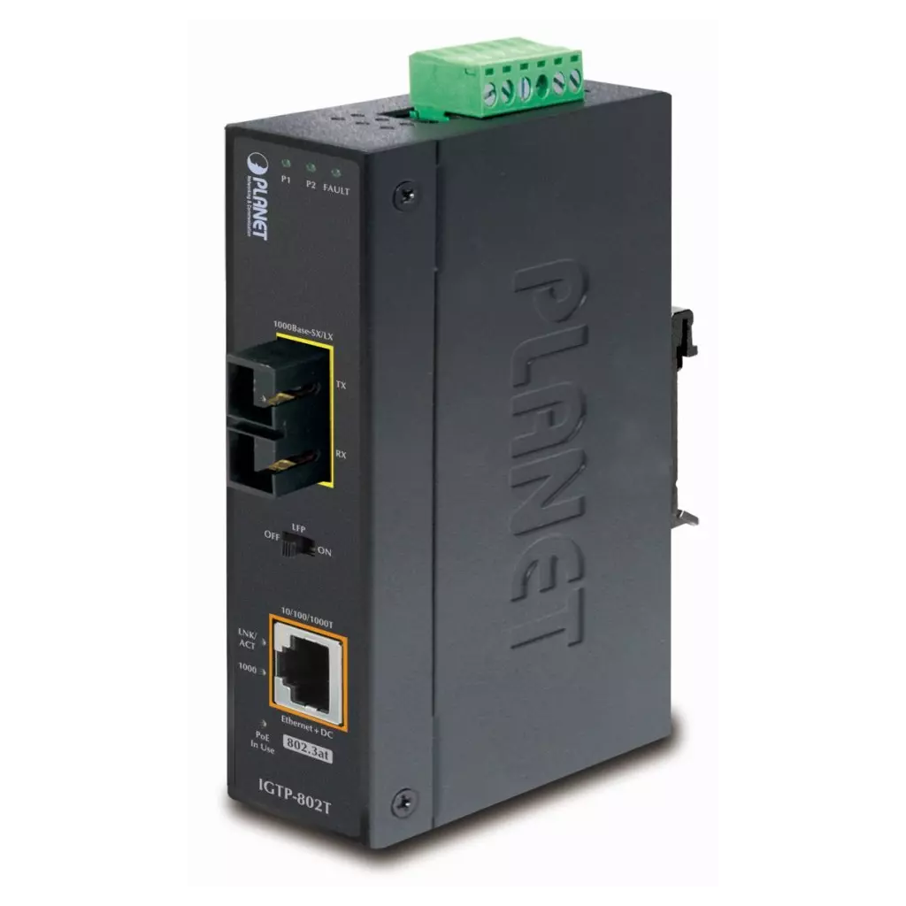 Obrázek produktu Planet IGTP-802T konvertor RJ45/SC, 1Gbps, PoE injektor 802.3at, -40 až 75 st.C, IP30, ESD 12-48 V DC