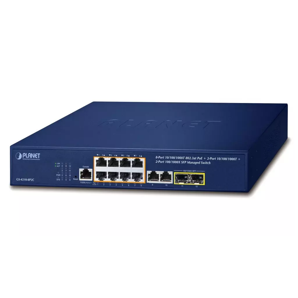 Obrázek produktu Planet GS-4210-8P2C L2 switch, 10x1Gb, 2x1Gb SFP, 8x PoE 802.3at 120W, QoS