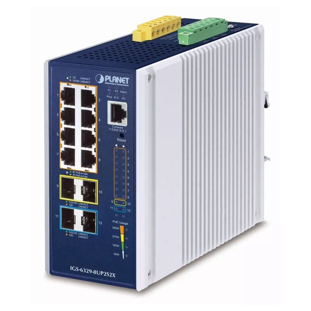 Obrázek produktu Planet IGS-6329-8UP2S4X průmyslový L3 switch, 8x1Gb, 2x2.5Gb SFP, 2x10Gb SFP+, PoE 802.3bt 360W, 48-54VDC, -40~75°C