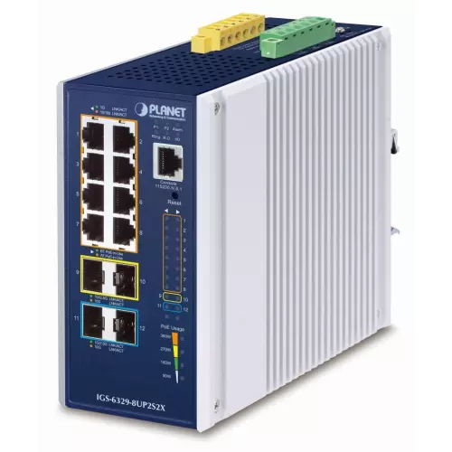 obrázek produktu Planet IGS-6329-8UP2S4X průmyslový L3 switch, 8x1Gb, 2x2.5Gb SFP, 2x10Gb SFP+, PoE 802.3bt 360W, 48-54VDC, -40~75°C
