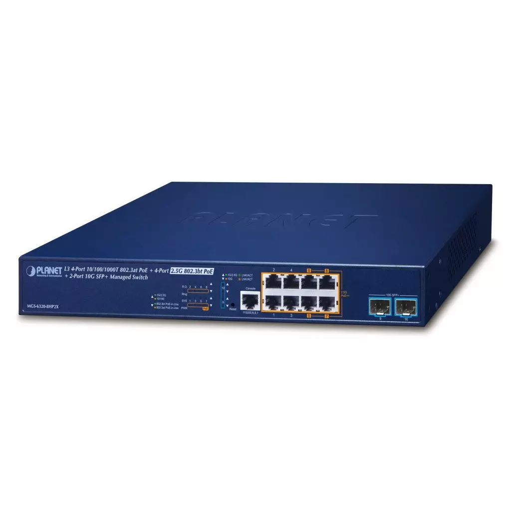 Obrázek produktu Planet MGS-6320-8HP2X L3 switch, 4x1Gb, 4x2.5Gb, 2x10G SFP+, 4x PoE 802.3at 240W
