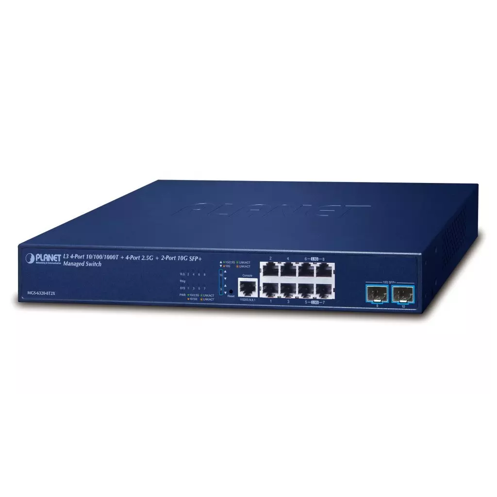 Obrázek produktu Planet MGS-6320-8T2X L3 switch, 4x1Gb, 4x2.5Gb, 2x10G SFP+