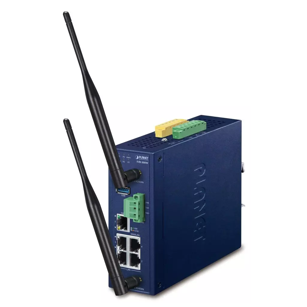 Obrázek produktu Planet IVR-300W průmyslový router, firewall, VPN, DoS, 2x WAN, 3x LAN, SD-WAN, Wi-Fi, fanless, IP30, -40až+75°C, 9-54VDC
