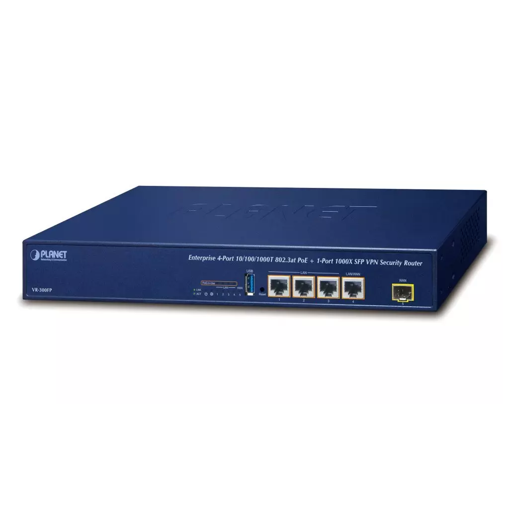 Obrázek produktu Planet VR-300FP Enterprise router/firewall VPN/VLAN/QoS/HA/AP kontroler, 2x WAN (SD-WAN), 3x LAN, 1x SFP, 4x PoE 802.3at