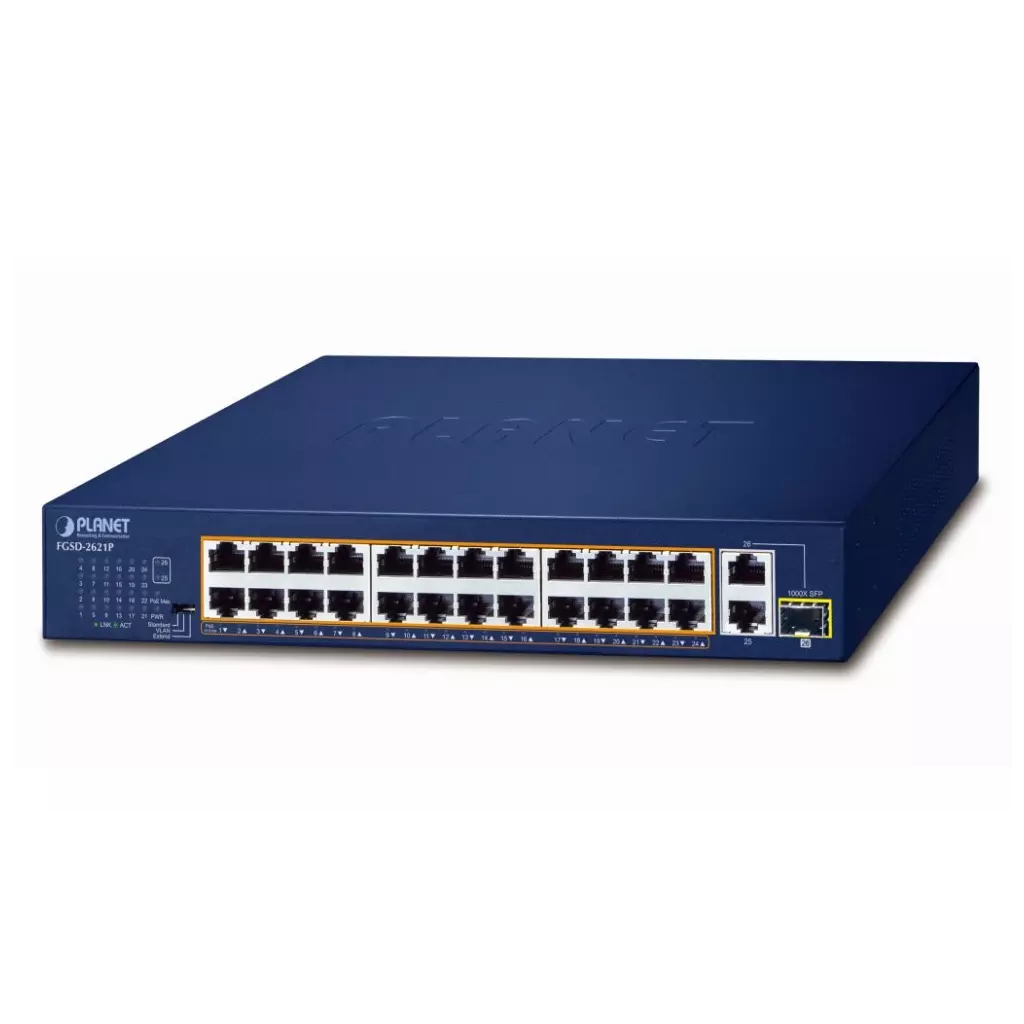 Obrázek produktu Planet FGSD-2621P PoE switch, 24x100M + 1x1Gb RJ45 + 1xSFP, PoE 802.3at 185W, extend mód 10Mb-250m