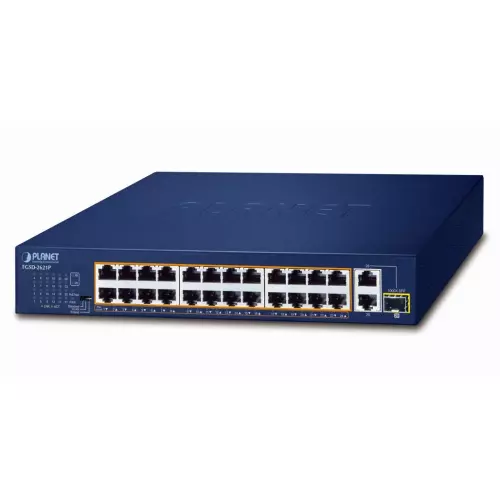 obrázek produktu Planet FGSD-2621P PoE switch, 24x100M + 1x1Gb RJ45 + 1xSFP, PoE 802.3at 185W, extend mód 10Mb-250m