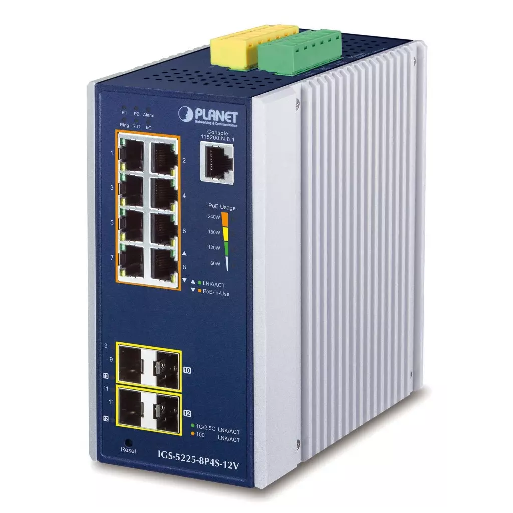 Obrázek produktu Planet IGS-5225-8P4S-12V průmyslový L3 switch, 8x1Gb, 2x1Gb SFP, 2x2.5Gb SFP, 8x PoE 802.3at 240W, 12-54VDC, -40~75°C