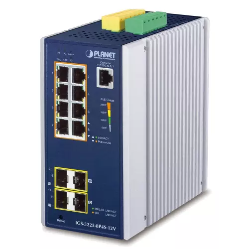 obrázek produktu Planet IGS-5225-8P4S-12V průmyslový L3 switch, 8x1Gb, 2x1Gb SFP, 2x2.5Gb SFP, 8x PoE 802.3at 240W, 12-54VDC, -40~75°C