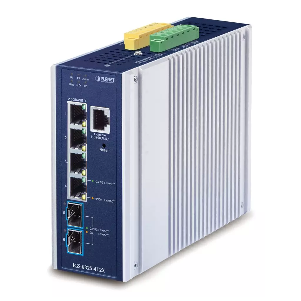 Obrázek produktu Planet IGS-6325-4T2X průmyslový L3 switch, 4x1Gb, 2x10Gb SFP+, 9-48VDC, -40~75°C, IP30, fanless