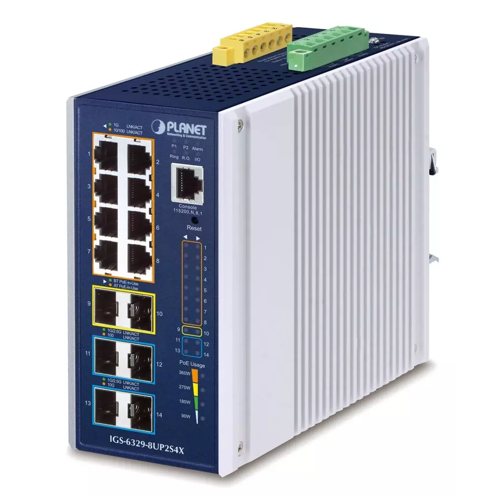 Obrázek produktu Planet IGS-6329-8UP2S4X průmyslový L3 switch, 8x1Gb, 2x2.5Gb SFP, 4x10Gb SFP+, PoE 802.3bt 360W, 48-54VDC, -40~75°C