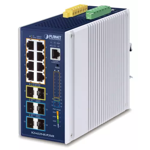 obrázek produktu Planet IGS-6329-8UP2S4X průmyslový L3 switch, 8x1Gb, 2x2.5Gb SFP, 4x10Gb SFP+, PoE 802.3bt 360W, 48-54VDC, -40~75°C