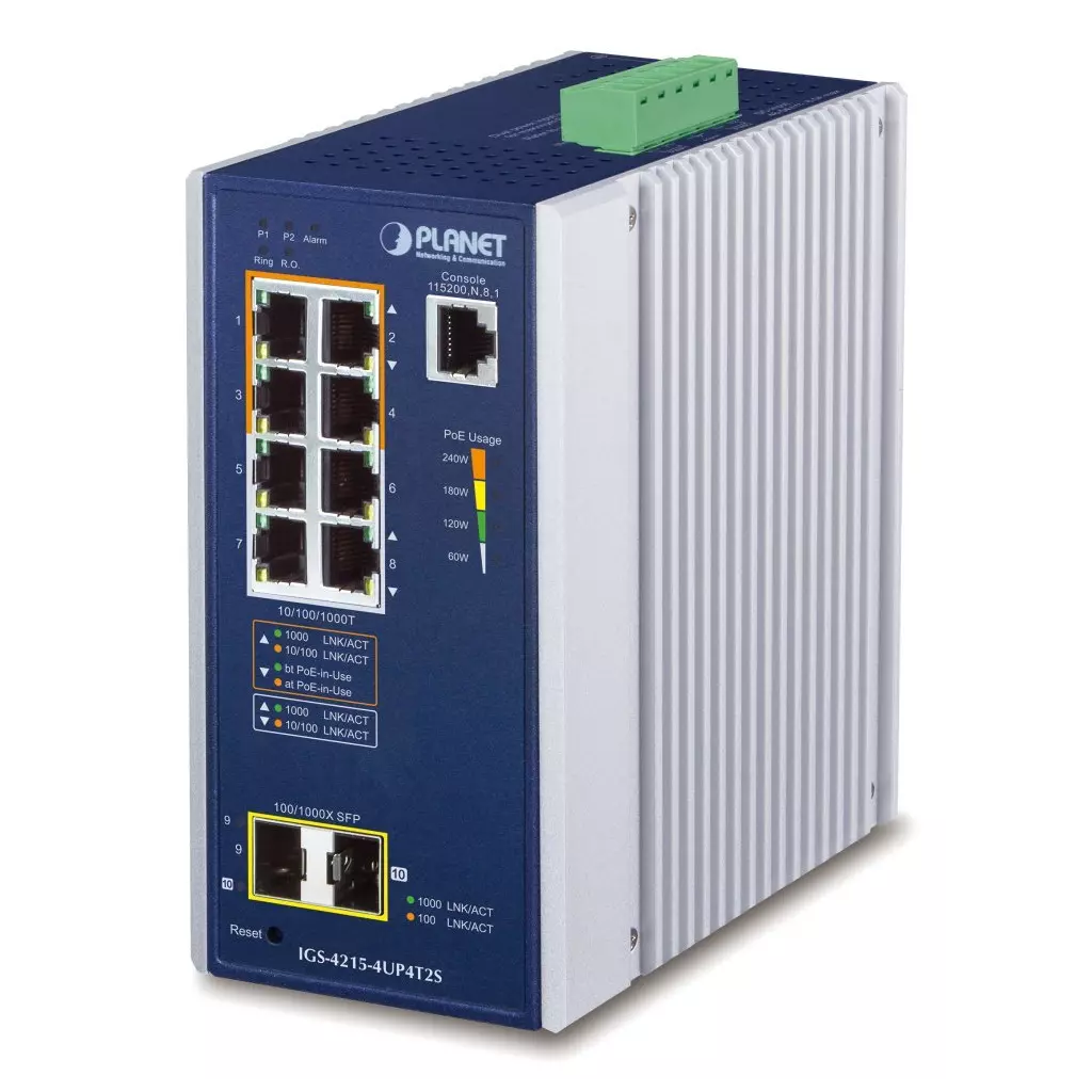 Obrázek produktu Planet IGS-4215-4UP4T2S průmyslový L2 switch, 8x1Gb, 2x1Gb SFP, 4x PoE 802.3bt 240W, 48-54VDC, -40~75°C, IP30