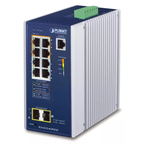 obrázek produktu Planet IGS-4215-4UP4T2S průmyslový L2 switch, 8x1Gb, 2x1Gb SFP, 4x PoE 802.3bt 240W, 48-54VDC, -40~75°C, IP30