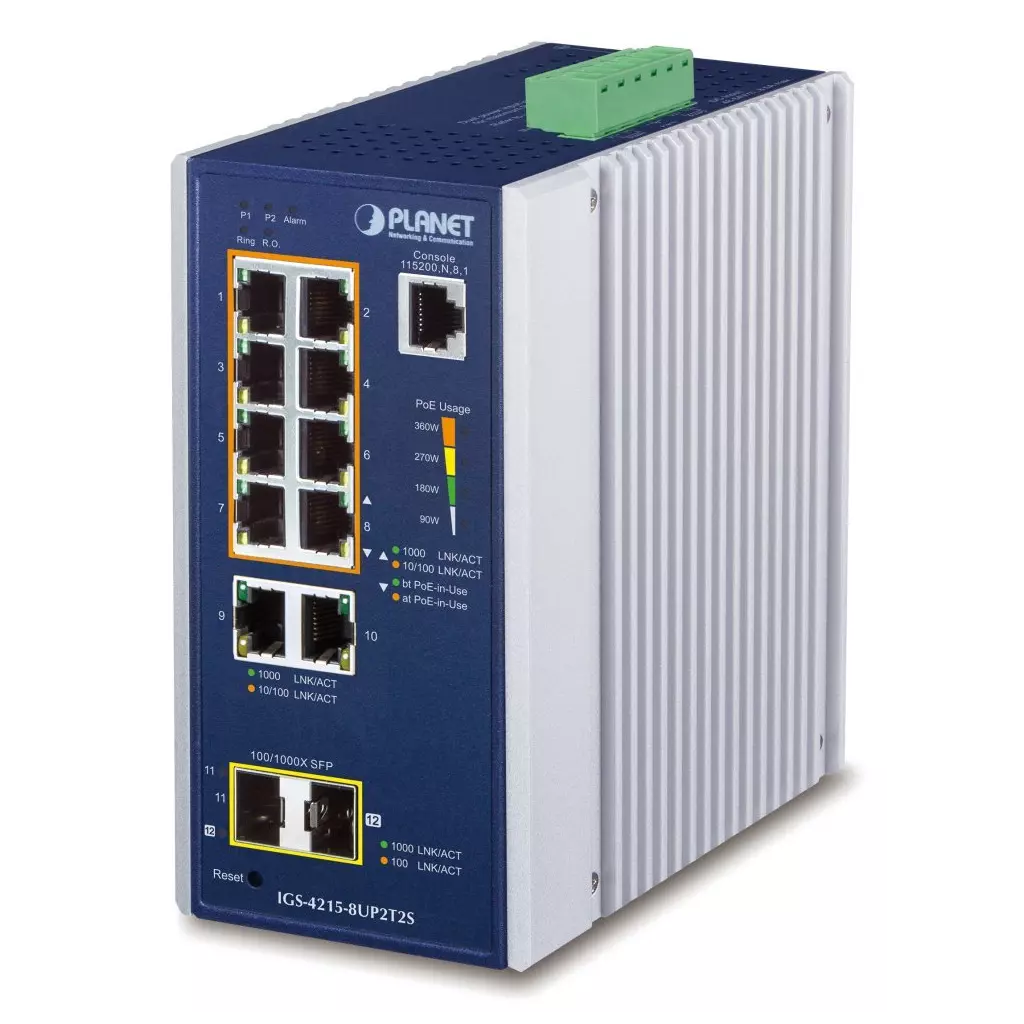 Obrázek produktu Planet IGS-4215-8UP2T2S průmyslový L2 switch, 8x1Gb, 2x1Gb SFP, 8x PoE 802.3bt 360W, 48-54VDC, -40~75°C, IP30